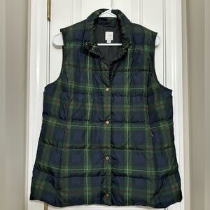 J. Jill Women’s Vest Medium Puffer Green Tartan Plaid Down Snap Up Insulated